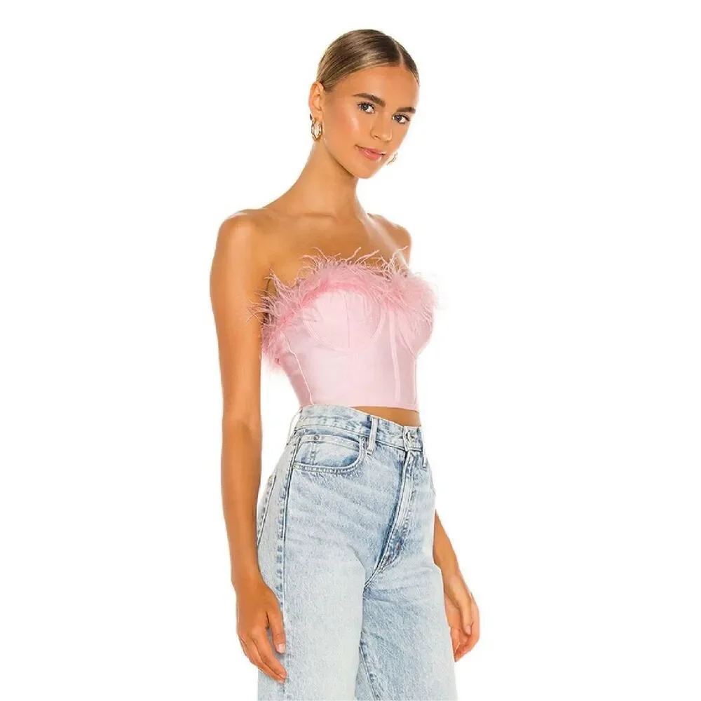 Superdown Ramona Feather Trim Bustier Top in Blush Pink - Picture 11 of 11